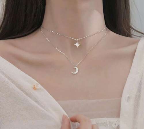 925 Silver Double Layer Moon and Star Necklace