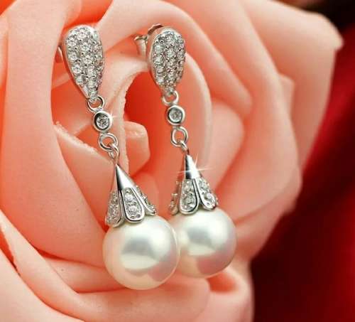 925 Silver Clear Crystal Pearl Earrings