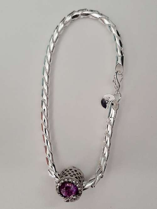 925 Silver Long Link Bracelet with Amethyst Charm.