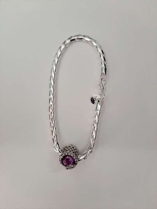 925 Silver Long Link Bracelet with Amethyst Charm.