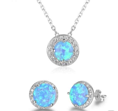 925 Silver Blue Crystal Necklace and Earrings Set.