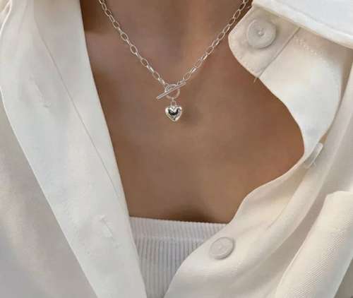 925 Silver Solid Love Heart Fop Chain Necklace.