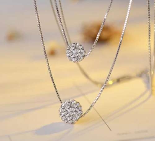 925 Silver Double Layer Glitter Ball Necklace