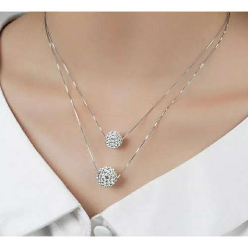 925 Silver Double Layer Glitter Ball Necklace