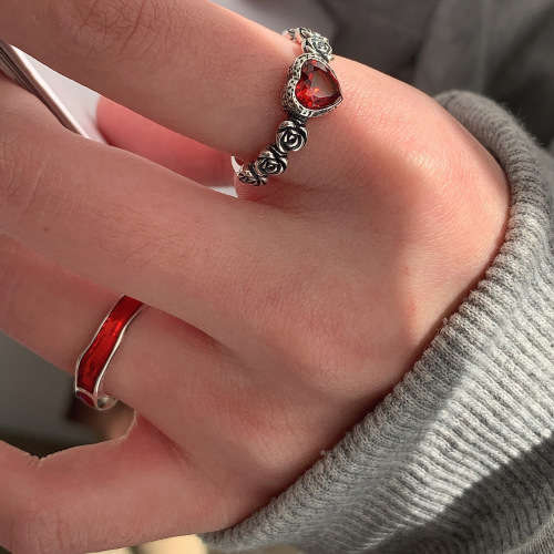 925 Silver Red Heart and Roses Ring
