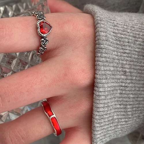 925 Silver Red Heart and Roses Ring