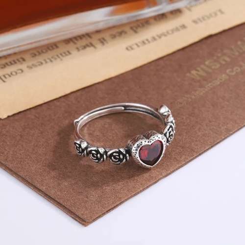 925 Silver Red Heart and Roses Ring