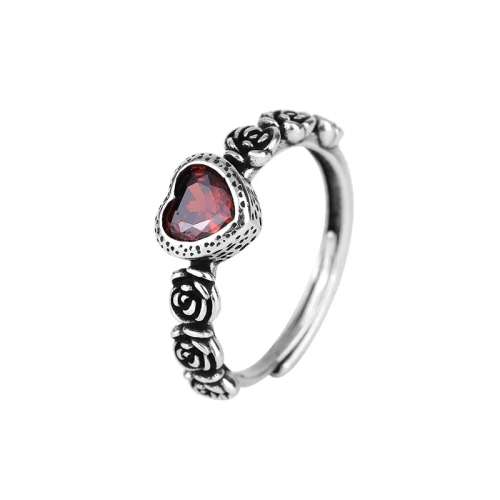 925 Silver Red Heart and Roses Ring