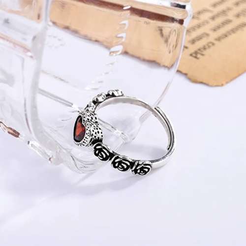 925 Silver Red Heart and Roses Ring
