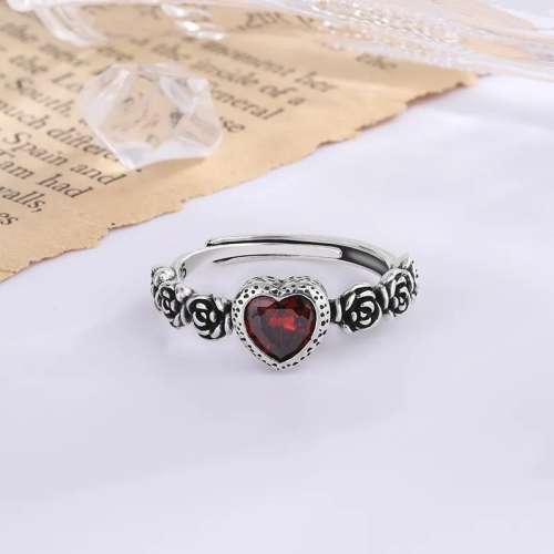 925 Silver Red Heart and Roses Ring
