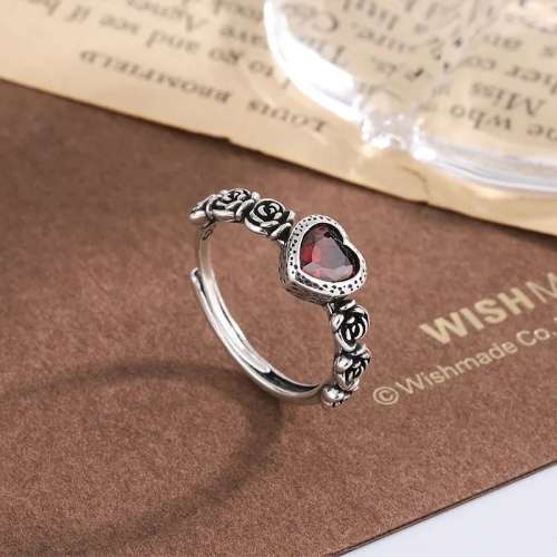 925 Silver Red Heart and Roses Ring
