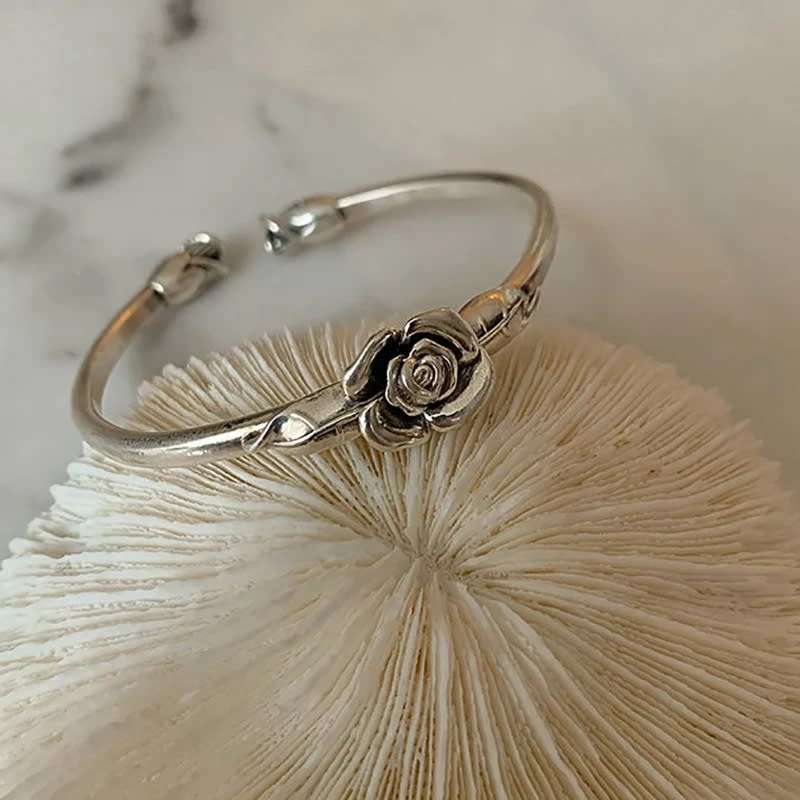 925 Silver Vintage Open Cuff Flower Bangle