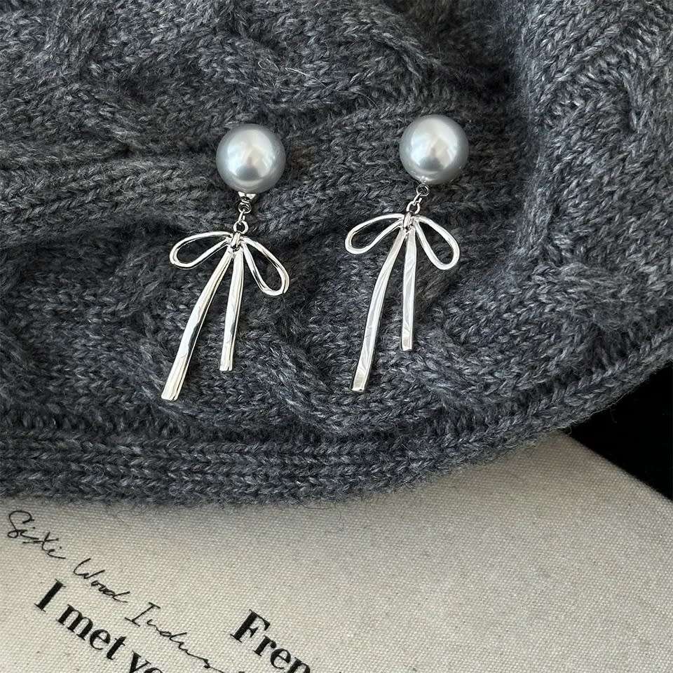 925 Silver Grey Pearl and Bow Earrings