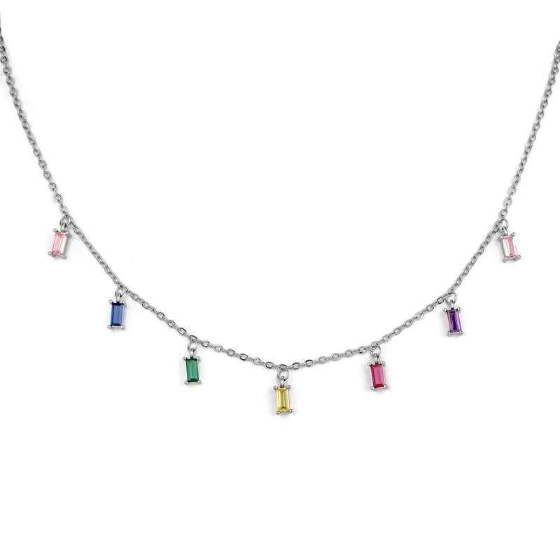 925 Silver Colorful Square CZ Tassel Necklace