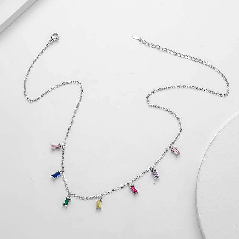 925 Silver Colorful Square CZ Tassel Necklace