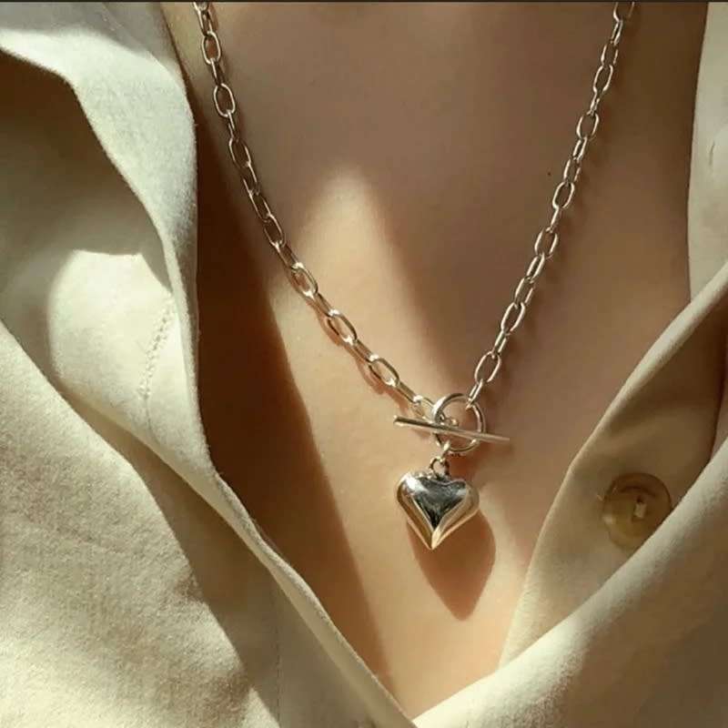 925 Silver Solid Love Heart Fop Chain Necklace.