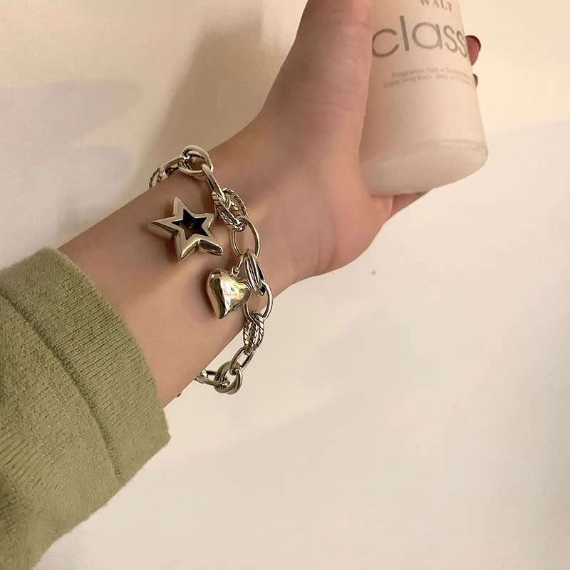 SPECIAL - 925 Silver Heart and Open Star Bracelet.