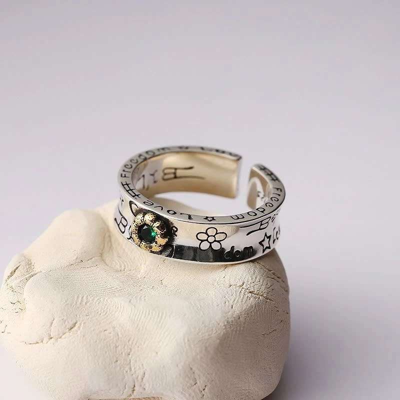 925 Silver Green Stone Flower Ring