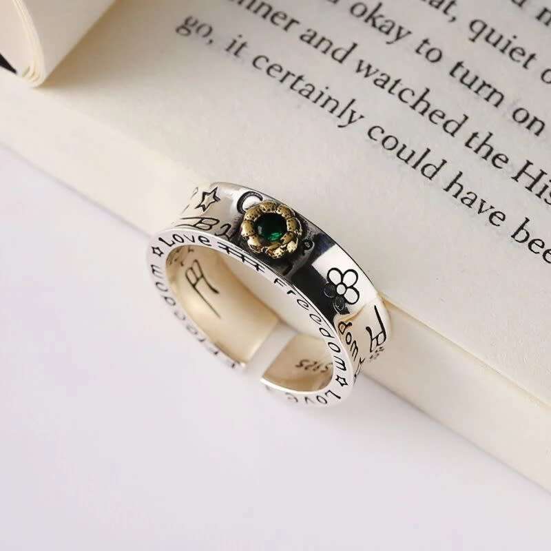 925 Silver Green Stone Flower Ring