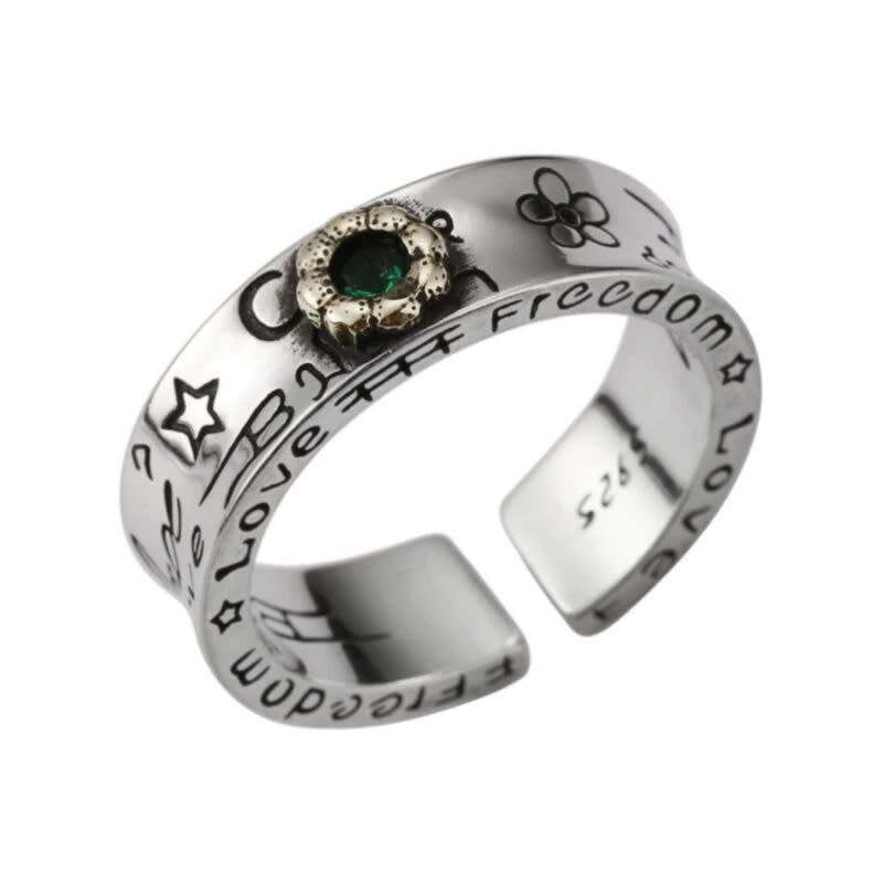 925 Silver Green Stone Flower Ring