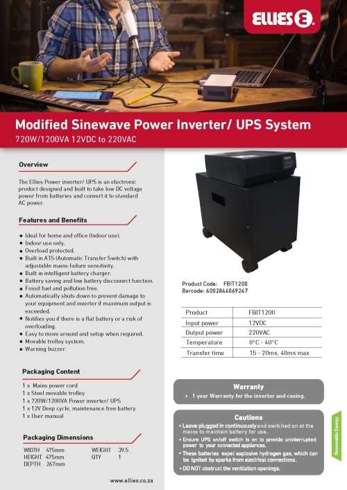Inverter Ellies 720w1200va (JHB only)