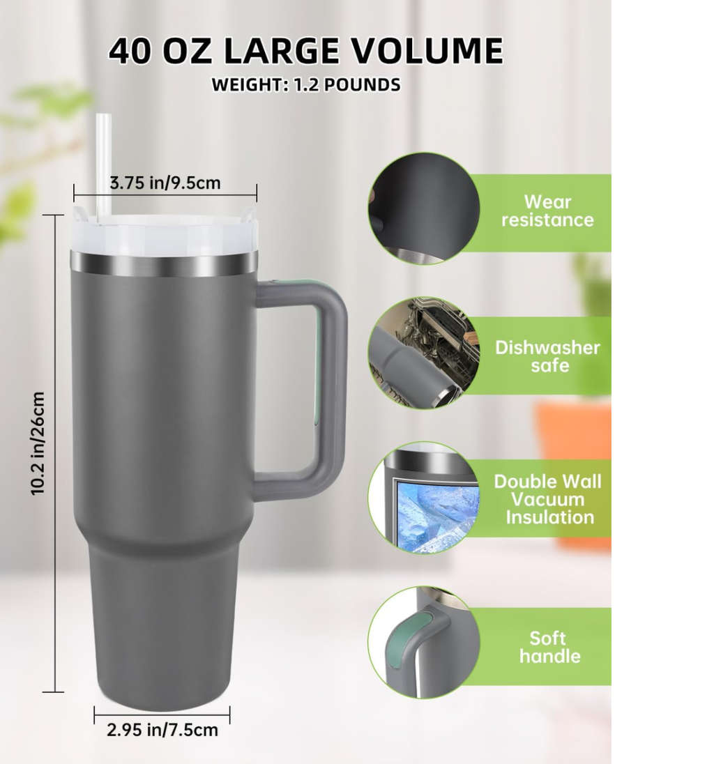 1.2L Tumbler with Handle Straw Lid, Stainless Steel Travel Mug - Ash Grey