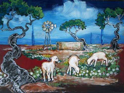 Original Stella Pelser(1970) -"Bolandse Windpomp -Drie Skaapies by die Dam" 400 x 300 x 6mm