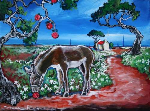 Original Stella Pelser(1970) - "Bolandse Donkie - 'n Appel onder die Boom" 400 x 300 x 6mm