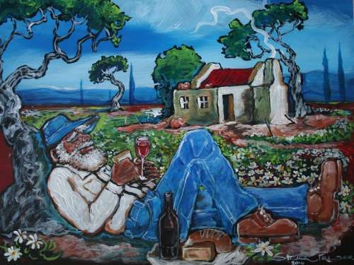 Original Stella Pelser(1970) - "Bolandse Ouman - Lafenis onder die Boom" 400 x 300 x 6mm