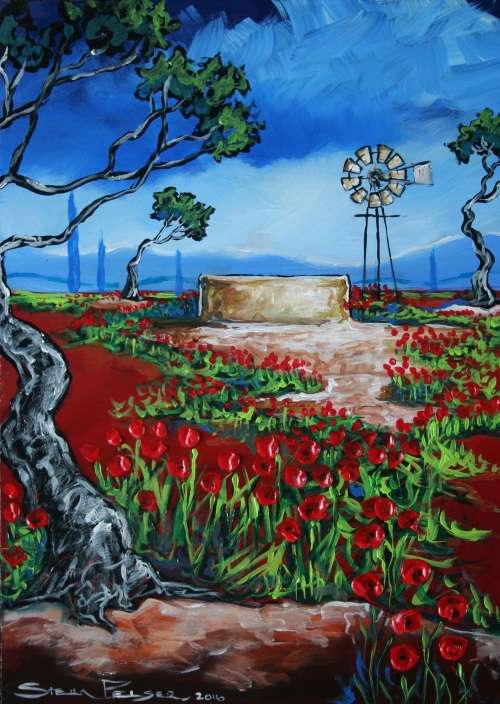 Original Stella Pelser(1970) -"Bolandse Windpomp - Rooi Poppies" 400 x 300 x 6mm