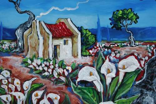 Stunning!*ORIGINAL Stella Pelser(1970-)"Bolandse Rooidak Huisie tussen Wit Vark Ore" 400 x 300 x 6mm