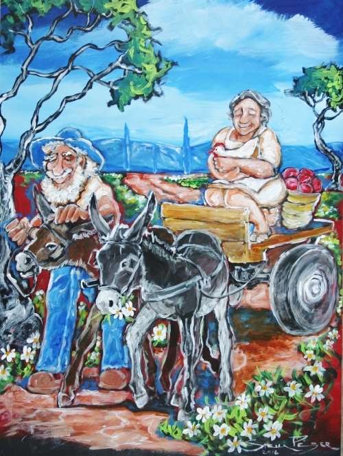 Stunning!!!*ORIGINAL Stella Pelser (1970-) "Bolandse Donkie Kar - Moedertjie Hen" 400 x 300 x 6mm