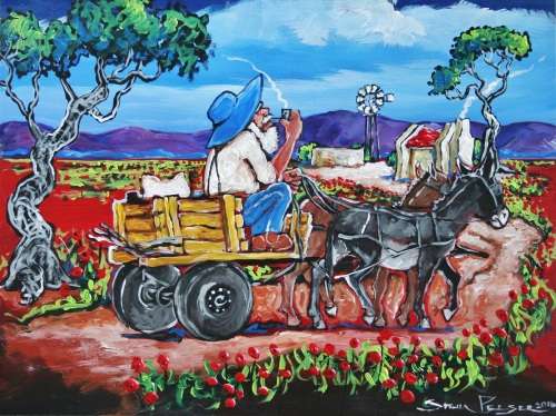 ORIGINAL Stella Pelser (1970-) "Bolandse Oompie op Donkie Karretjie " 400 x 300 x 6mm