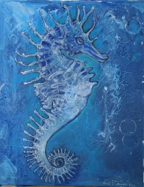 Stunning!*Original Annie Brand (1970-) "Blue Seahorse" size: 50 x 40cm - Acrylic paint on Canvas