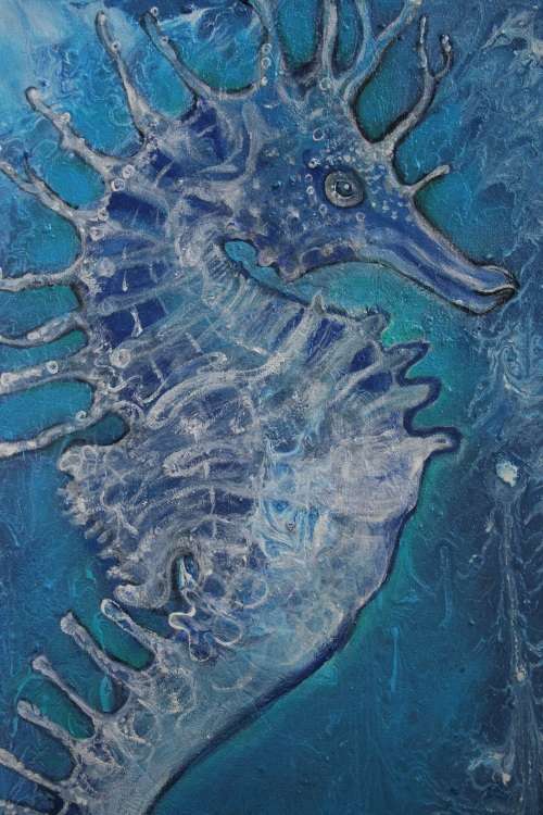 Stunning!*Original Annie Brand (1970-) "Blue Seahorse" size: 50 x 40cm - Acrylic paint on Canvas
