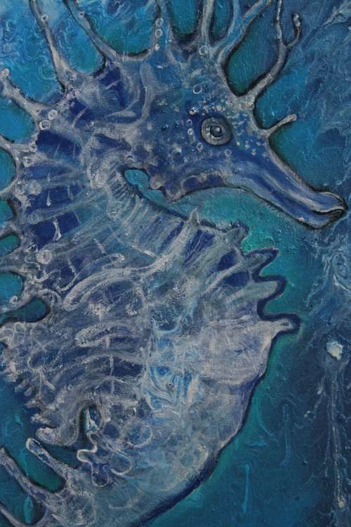 Stunning!*Original Annie Brand (1970-) "Blue Seahorse" size: 50 x 40cm - Acrylic paint on Canvas