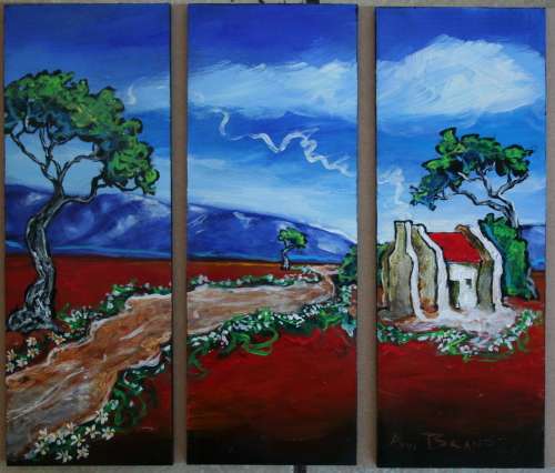 Beautiful**!!! Original Annie Brand (1970-) "Bolandse Huisie -Tritych" 300 x 110 x 6mm x 3 Piece