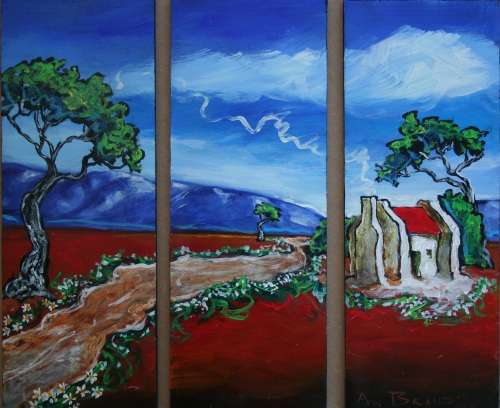 Beautiful**!!! Original Annie Brand (1970-) "Bolandse Huisie -Tritych" 300 x 110 x 6mm x 3 Piece