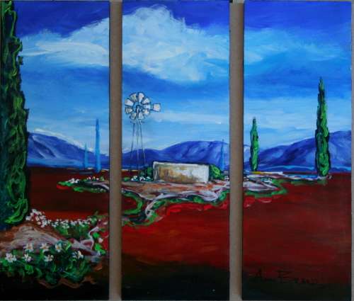 Beautiful**!!! Original Annie Brand (1970-) "Bolandse Windpomp -Tritych" 300 x 110 x 6mm x 3 Piece