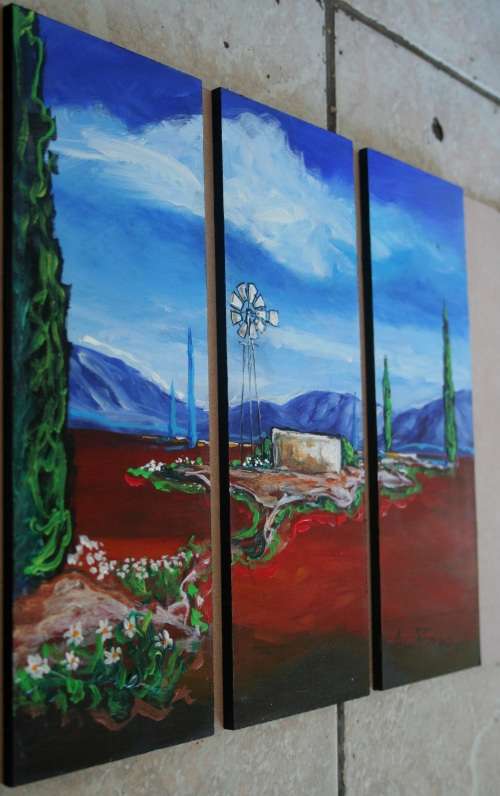 Beautiful**!!! Original Annie Brand (1970-) "Bolandse Windpomp -Tritych" 300 x 110 x 6mm x 3 Piece