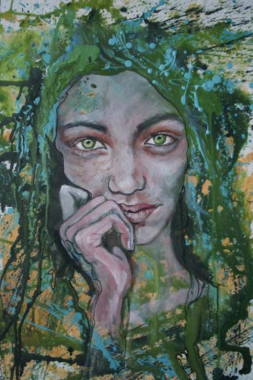 Beautiful!*Original Anni Brand (1970-) "Behind Green Eyes" 65 x 47cm Large Japanese Canvas