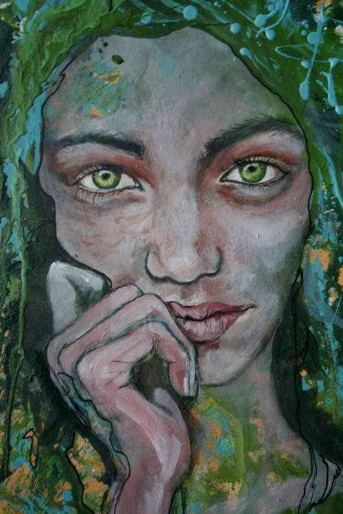 Beautiful!*Original Anni Brand (1970-) "Behind Green Eyes" 65 x 47cm Large Japanese Canvas