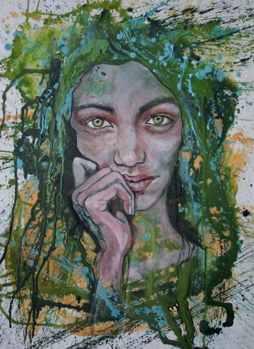 Beautiful!*Original Anni Brand (1970-) "Behind Green Eyes" 65 x 47cm Large Japanese Canvas
