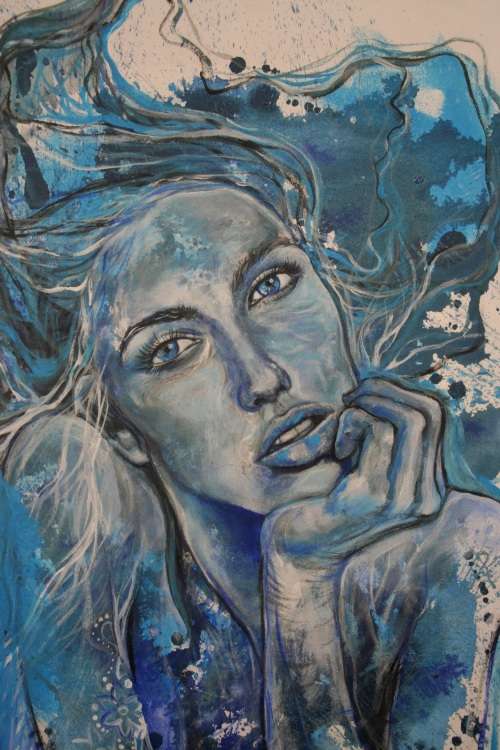 Beautiful!*Original Anni Brand (1970-) "Blue Daydreamer" 70 x 53cm Large Japanese Canvas