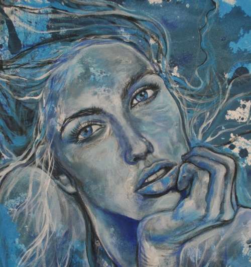 Beautiful!*Original Anni Brand (1970-) "Blue Daydreamer" 70 x 53cm Large Japanese Canvas