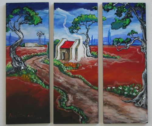 Beautiful*!!!Original Annie Brand(1970-)"Padtjie langs Rooidak Huisie -Tritych"300x110x6mm x 3 Piece