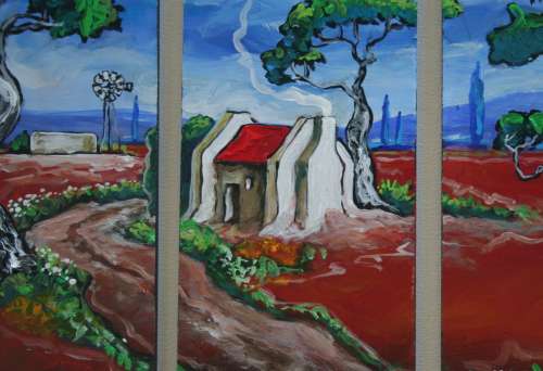 Beautiful*!!!Original Annie Brand(1970-)"Padtjie langs Rooidak Huisie -Tritych"300x110x6mm x 3 Piece