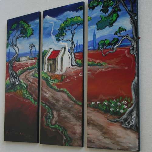 Beautiful*!!!Original Annie Brand(1970-)"Padtjie langs Rooidak Huisie -Tritych"300x110x6mm x 3 Piece