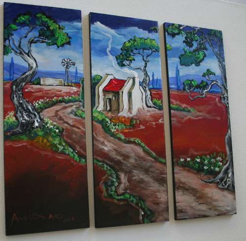 Beautiful*!!!Original Annie Brand(1970-)"Padtjie langs Rooidak Huisie -Tritych"300x110x6mm x 3 Piece