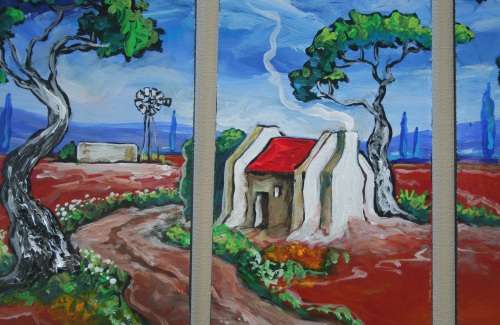Beautiful*!!!Original Annie Brand(1970-)"Padtjie langs Rooidak Huisie -Tritych"300x110x6mm x 3 Piece